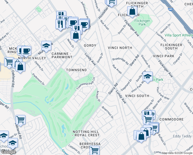 map of restaurants, bars, coffee shops, grocery stores, and more near 1498 Ambergrove Drive in San Jose