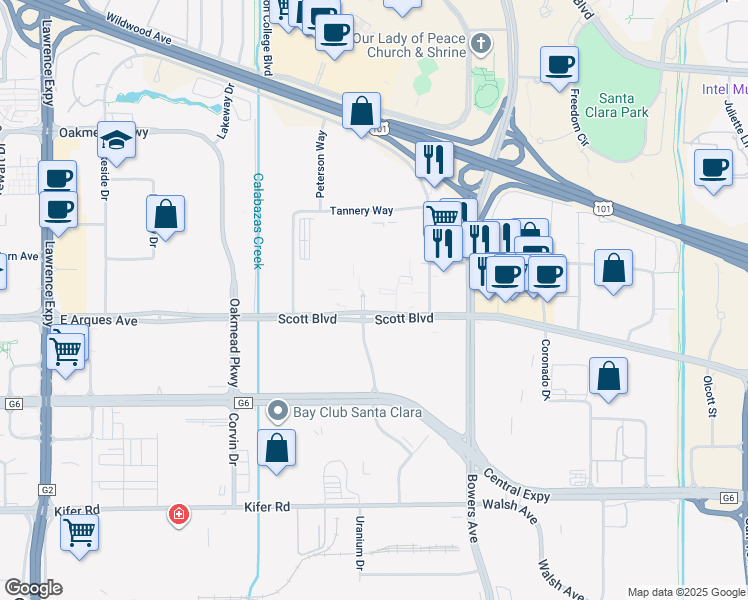 map of restaurants, bars, coffee shops, grocery stores, and more near 3333 Scott Boulevard in Santa Clara