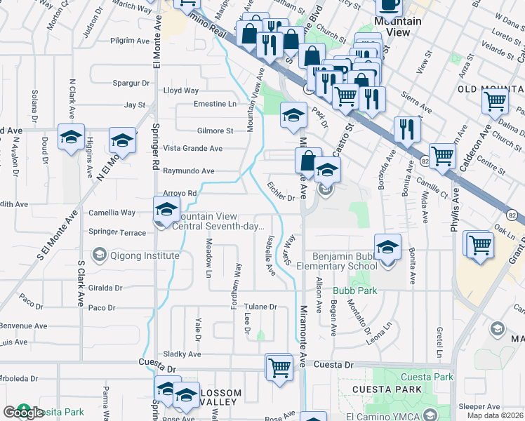 map of restaurants, bars, coffee shops, grocery stores, and more near 870 Arroyo Road in Los Altos