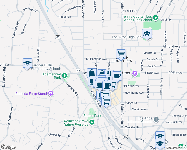 map of restaurants, bars, coffee shops, grocery stores, and more near 226 West Edith Avenue in Los Altos