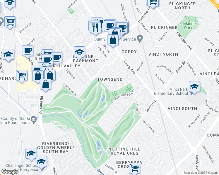 map of restaurants, bars, coffee shops, grocery stores, and more near 1309 Fairway Entrance Drive in San Jose