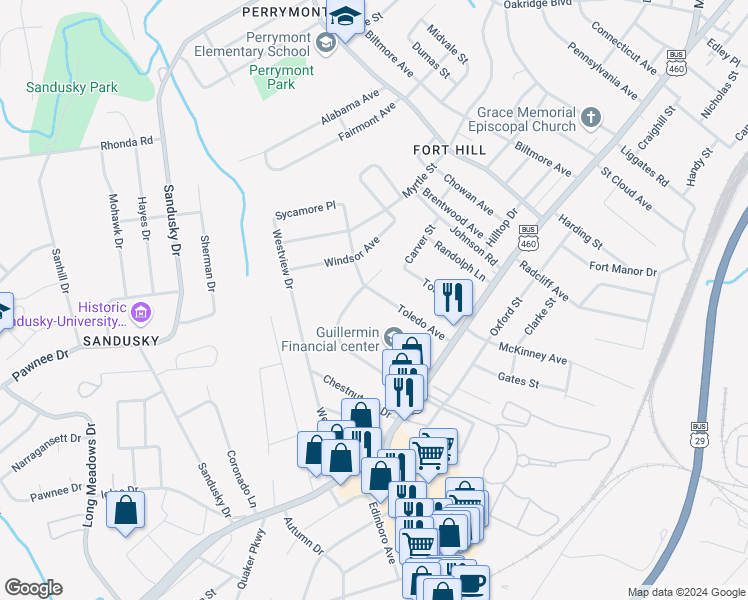 map of restaurants, bars, coffee shops, grocery stores, and more near 1203 Toledo Avenue in Lynchburg