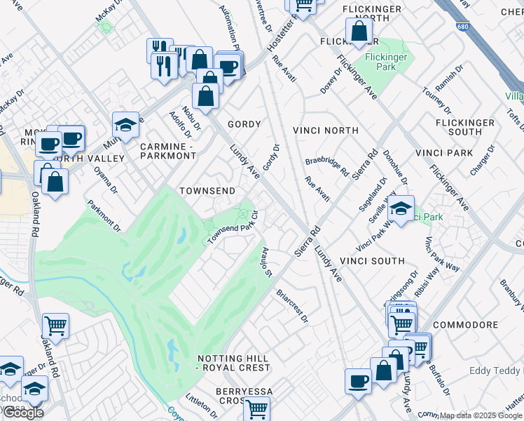 map of restaurants, bars, coffee shops, grocery stores, and more near 1543 Ambergrove Drive in San Jose