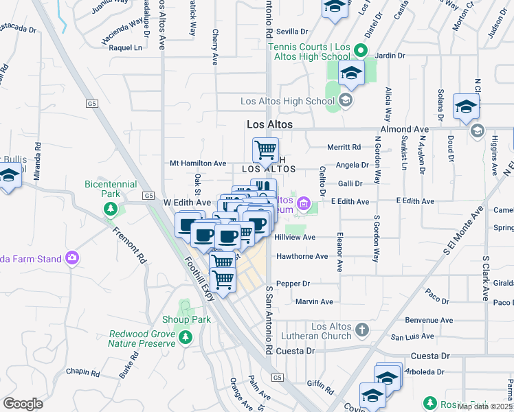 map of restaurants, bars, coffee shops, grocery stores, and more near 2 North San Antonio Road in Los Altos