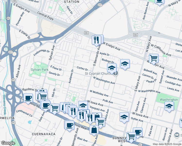 map of restaurants, bars, coffee shops, grocery stores, and more near 192 Barranca Terrace in Sunnyvale