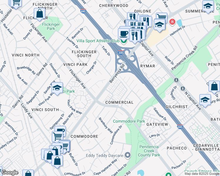 map of restaurants, bars, coffee shops, grocery stores, and more near 1140 Talesfore Court in San Jose