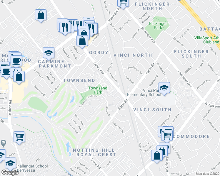 map of restaurants, bars, coffee shops, grocery stores, and more near 2511 North 1st Street in San Jose