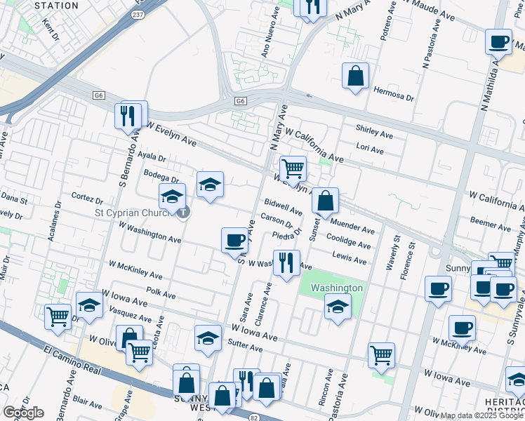 map of restaurants, bars, coffee shops, grocery stores, and more near 986 Bidwell Avenue in Sunnyvale
