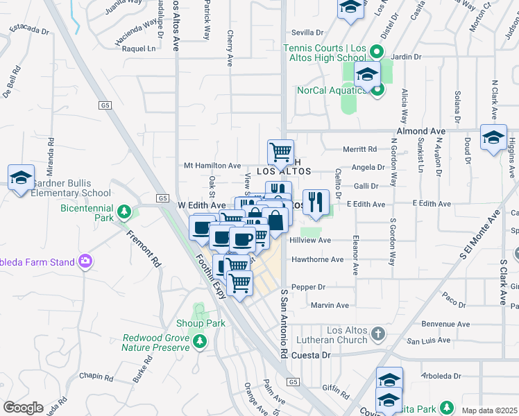 map of restaurants, bars, coffee shops, grocery stores, and more near in Los Altos