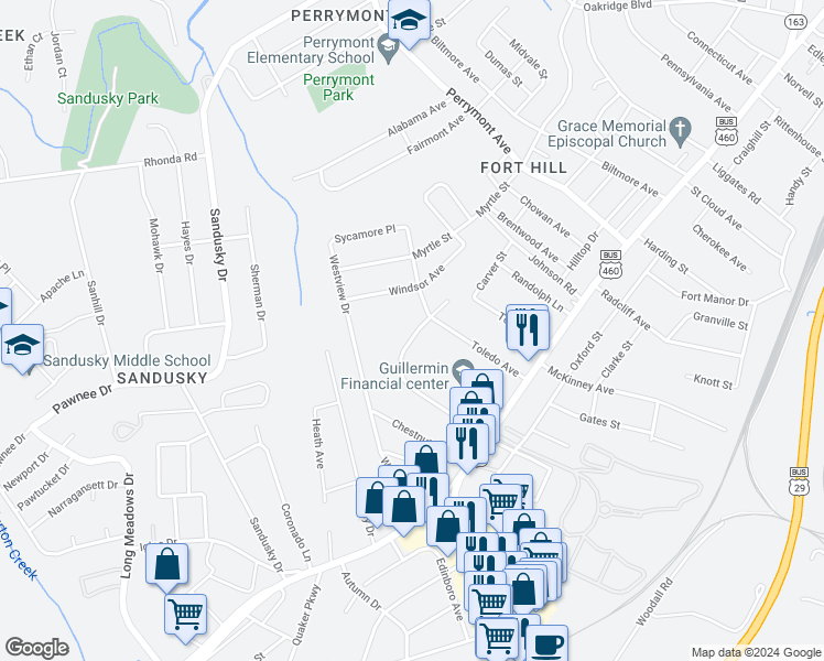 map of restaurants, bars, coffee shops, grocery stores, and more near 1007 Lindsay Street in Lynchburg