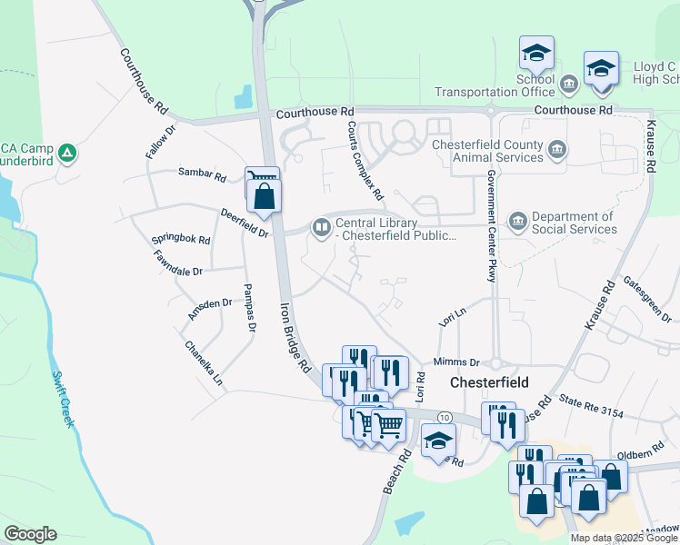 map of restaurants, bars, coffee shops, grocery stores, and more near 7210 Hotchkiss Court in Chesterfield