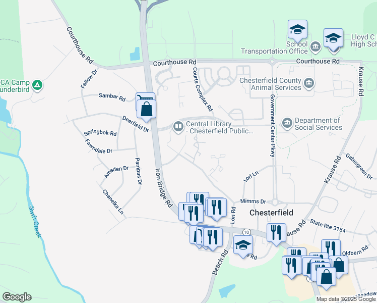 map of restaurants, bars, coffee shops, grocery stores, and more near 7210 Hotchkiss Court in Chesterfield