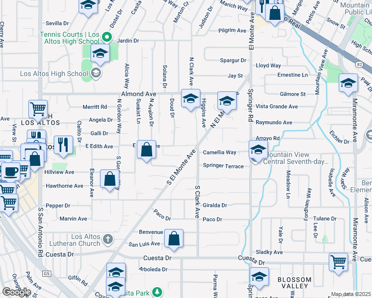 map of restaurants, bars, coffee shops, grocery stores, and more near 520 East Edith Avenue in Los Altos