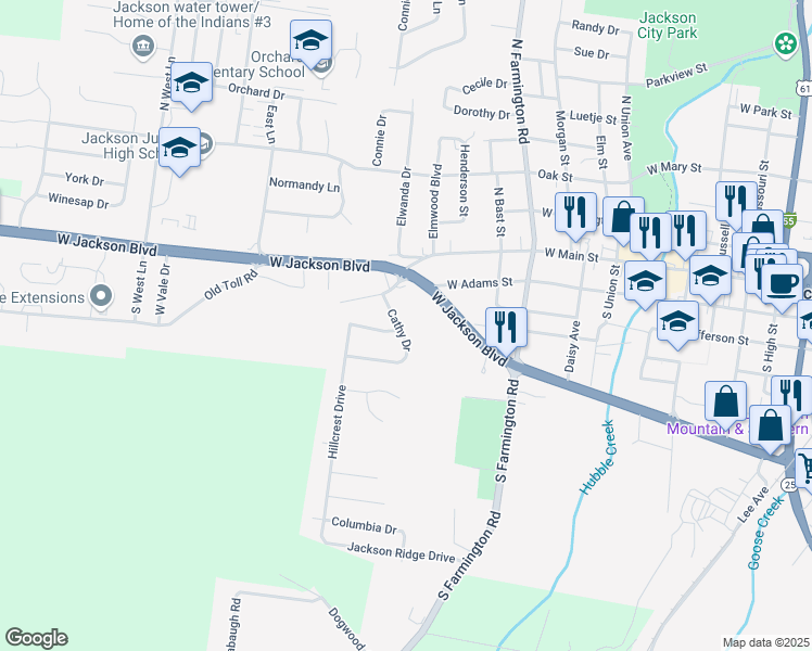 map of restaurants, bars, coffee shops, grocery stores, and more near 302 Cathy Drive in Jackson
