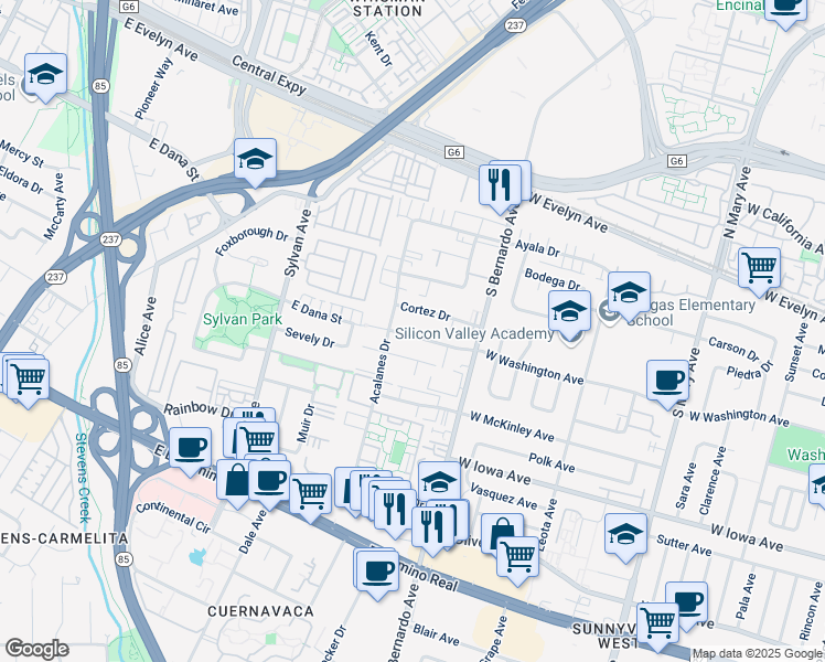 map of restaurants, bars, coffee shops, grocery stores, and more near 1263 West Washington Avenue in Sunnyvale