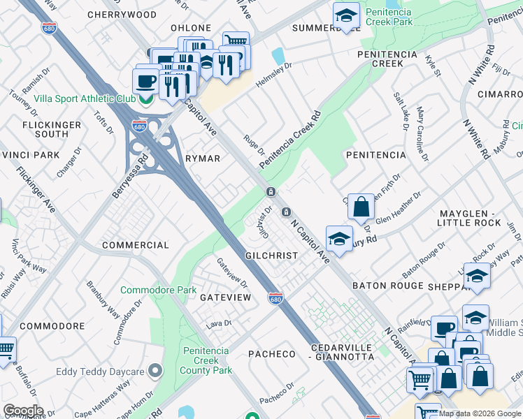 map of restaurants, bars, coffee shops, grocery stores, and more near 837 North Capitol Avenue in San Jose
