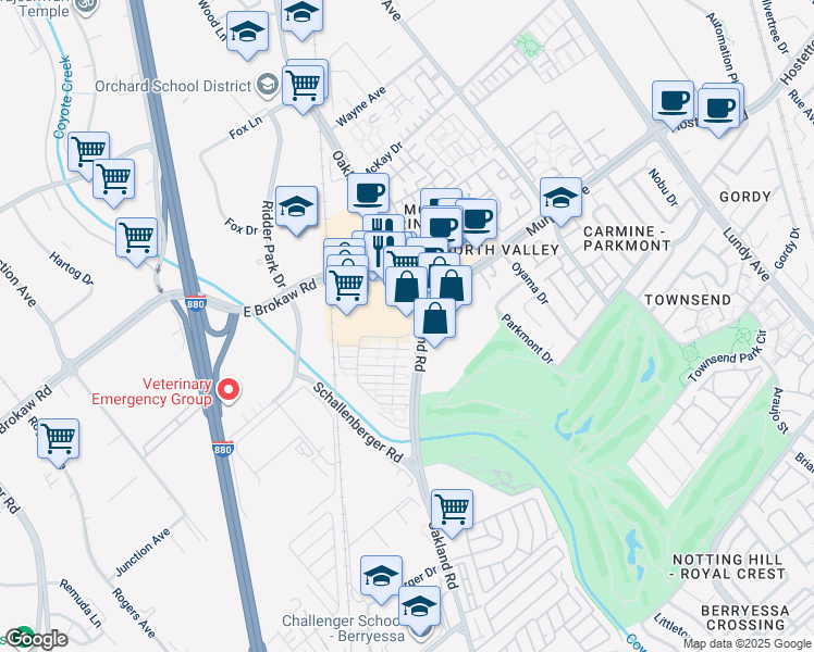 map of restaurants, bars, coffee shops, grocery stores, and more near 1096 East Brokaw Road in San Jose