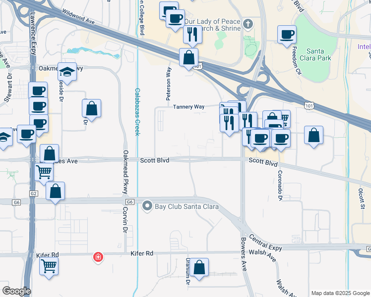 map of restaurants, bars, coffee shops, grocery stores, and more near 3355 Scott Boulevard in Santa Clara