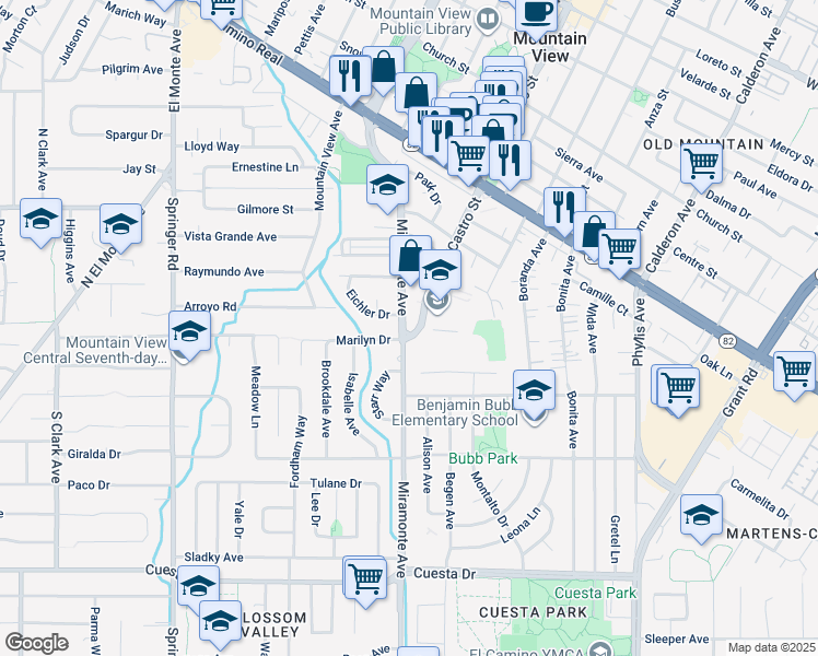 map of restaurants, bars, coffee shops, grocery stores, and more near 1185 Miramonte Avenue in Mountain View