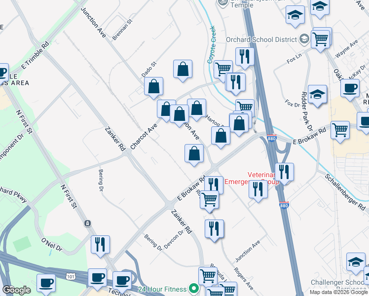 map of restaurants, bars, coffee shops, grocery stores, and more near 1901 Junction Avenue in San Jose
