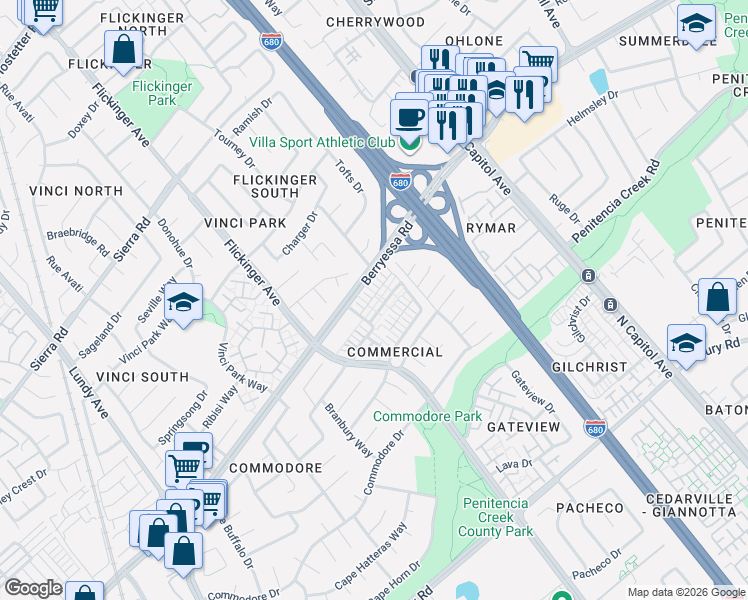 map of restaurants, bars, coffee shops, grocery stores, and more near 1100 Genco Terrace in San Jose