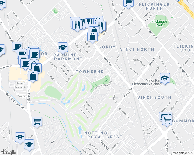 map of restaurants, bars, coffee shops, grocery stores, and more near 1540 Meadow Ridge Circle in San Jose