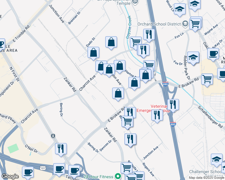 map of restaurants, bars, coffee shops, grocery stores, and more near 2055 Junction Avenue in San Jose