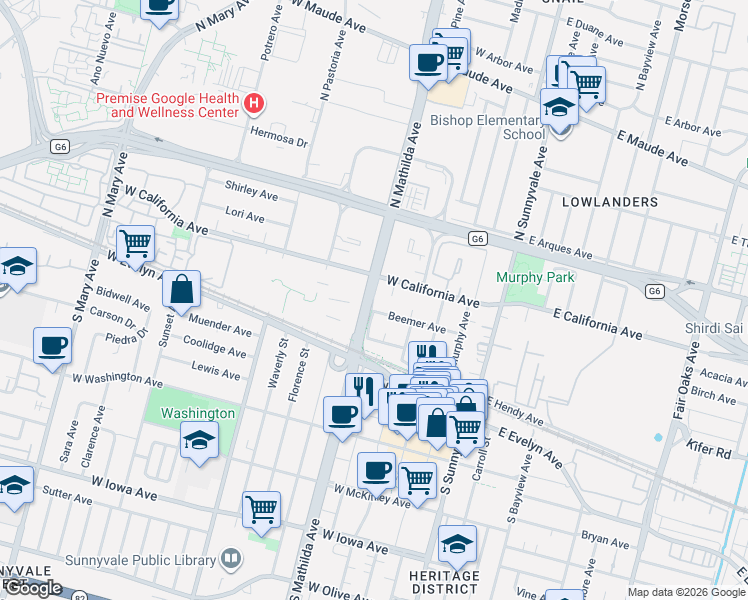 map of restaurants, bars, coffee shops, grocery stores, and more near 152 San Andreas Court in Sunnyvale
