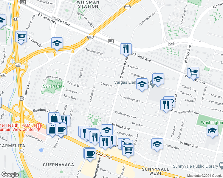 map of restaurants, bars, coffee shops, grocery stores, and more near 1228 Cortez Drive in Sunnyvale