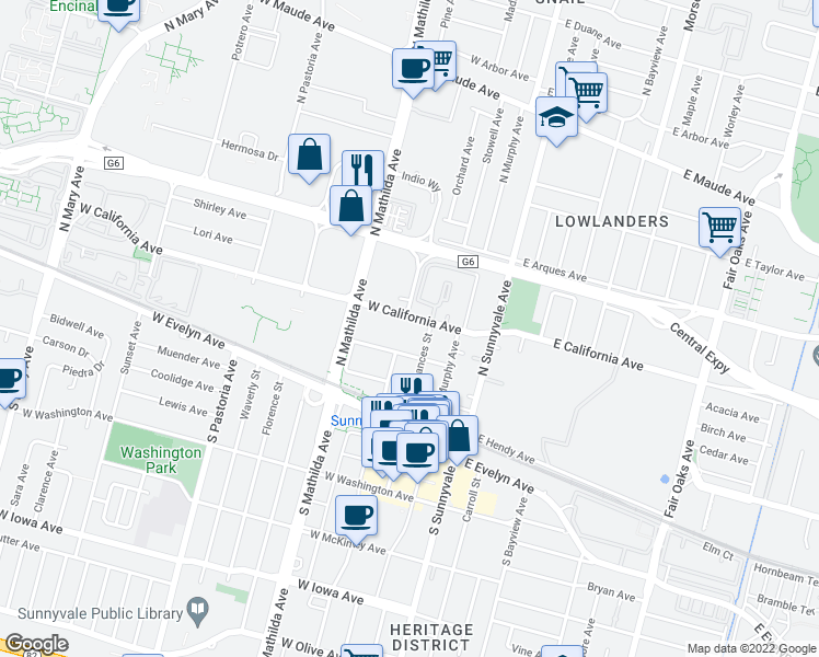 map of restaurants, bars, coffee shops, grocery stores, and more near 238 West California Avenue in Sunnyvale