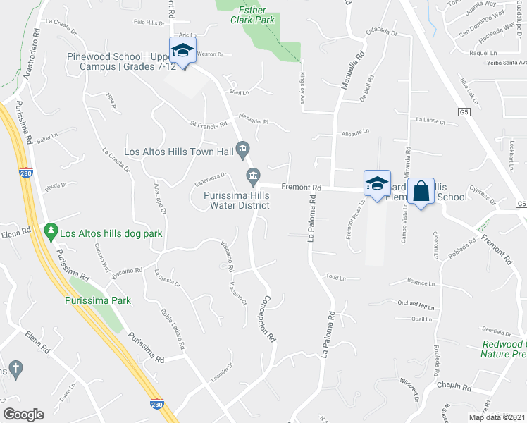 map of restaurants, bars, coffee shops, grocery stores, and more near 12800 Alto Verde Lane in Los Altos Hills