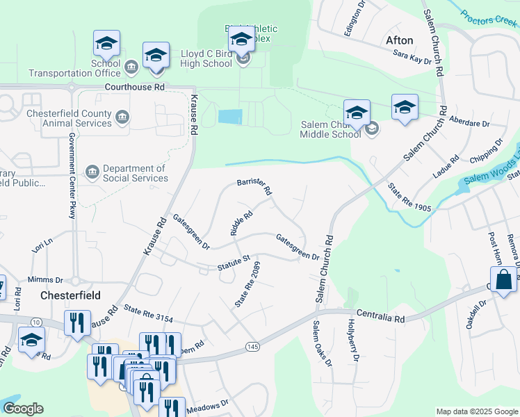 map of restaurants, bars, coffee shops, grocery stores, and more near 9515 Riddle Road in Chesterfield