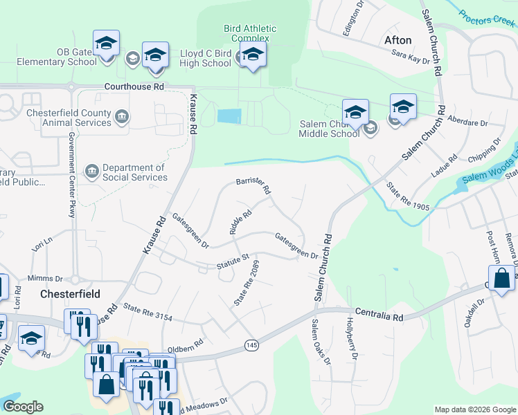 map of restaurants, bars, coffee shops, grocery stores, and more near 9515 Riddle Road in Chesterfield