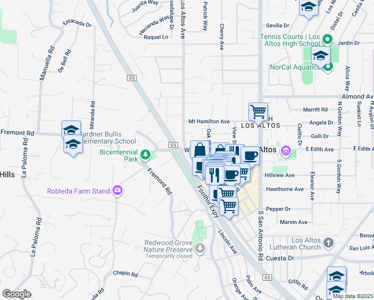 map of restaurants, bars, coffee shops, grocery stores, and more near 2 Los Altos Avenue in Los Altos