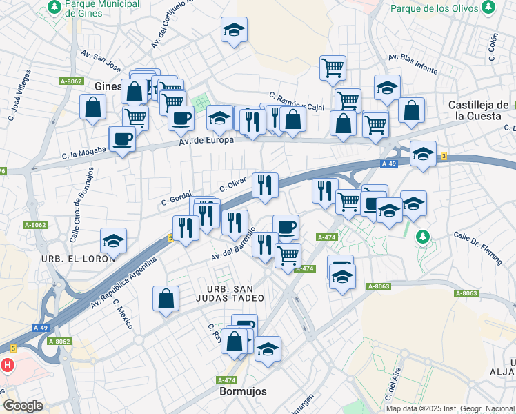 map of restaurants, bars, coffee shops, grocery stores, and more near 1 Avenida República Argentina in Bormujos