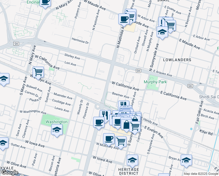map of restaurants, bars, coffee shops, grocery stores, and more near 152 San Andreas Court in Sunnyvale