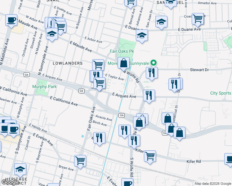 map of restaurants, bars, coffee shops, grocery stores, and more near 681 Pinnacles Terrace in Sunnyvale