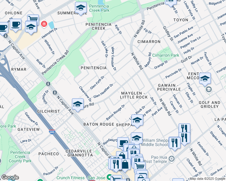 map of restaurants, bars, coffee shops, grocery stores, and more near 2883 Mabury Road in San Jose