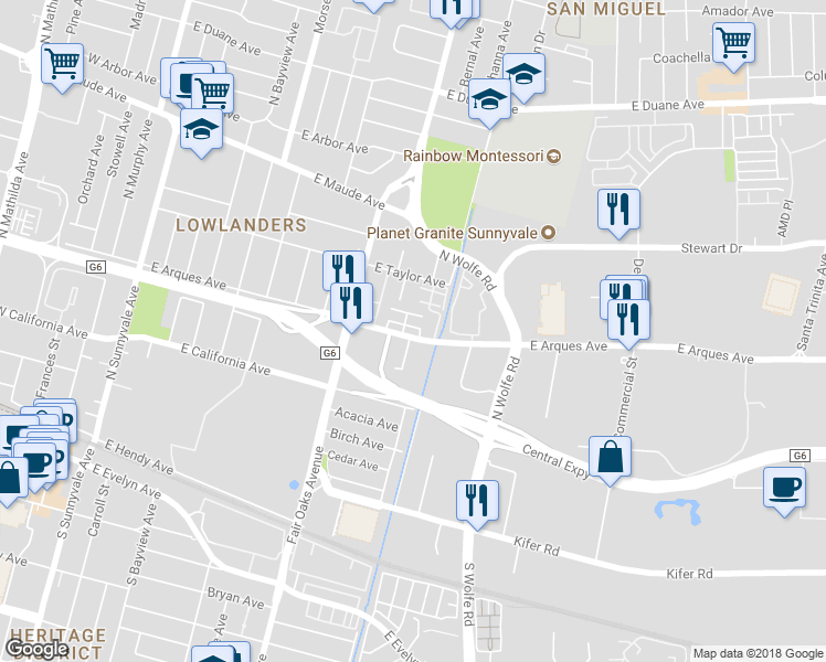 map of restaurants, bars, coffee shops, grocery stores, and more near 681 Pinnacles Terrace in Sunnyvale