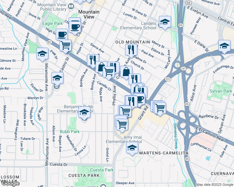 map of restaurants, bars, coffee shops, grocery stores, and more near 1113 Phyllis Avenue in Mountain View