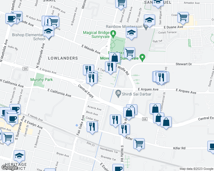 map of restaurants, bars, coffee shops, grocery stores, and more near 679 Pinnacles Terrace in Sunnyvale