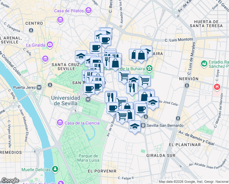 map of restaurants, bars, coffee shops, grocery stores, and more near 7 Calle Juan de Mata Carriazo in Sevilla