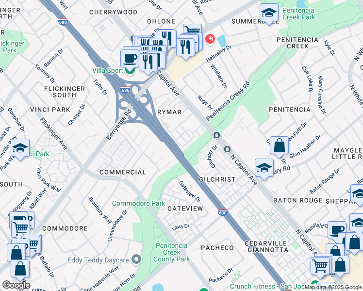 map of restaurants, bars, coffee shops, grocery stores, and more near 2515 Riparian Court in San Jose