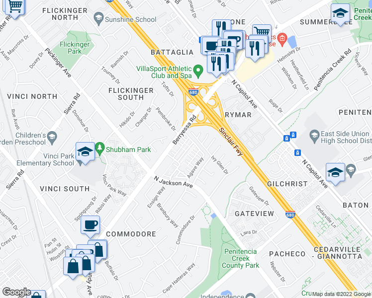 map of restaurants, bars, coffee shops, grocery stores, and more near 1100 Genco Terrace in San Jose