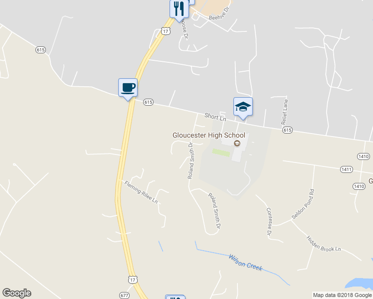 map of restaurants, bars, coffee shops, grocery stores, and more near 6136 Roland Smith Drive in Gloucester Courthouse