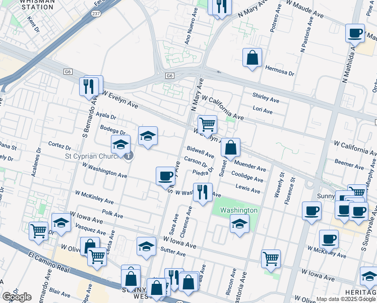 map of restaurants, bars, coffee shops, grocery stores, and more near 986 Bidwell Avenue in Sunnyvale