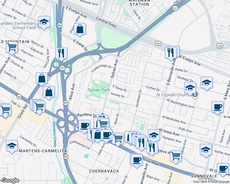 map of restaurants, bars, coffee shops, grocery stores, and more near 818 Sevely Drive in Mountain View