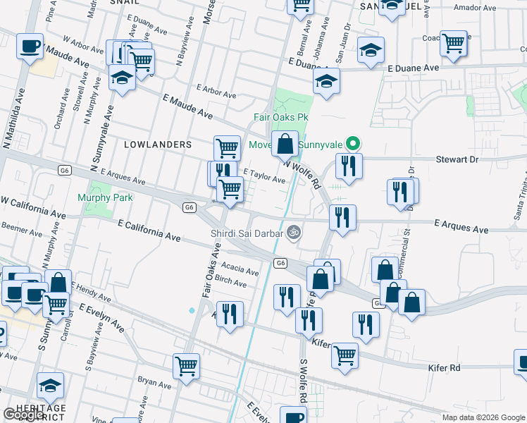 map of restaurants, bars, coffee shops, grocery stores, and more near 679 Pinnacles Terrace in Sunnyvale