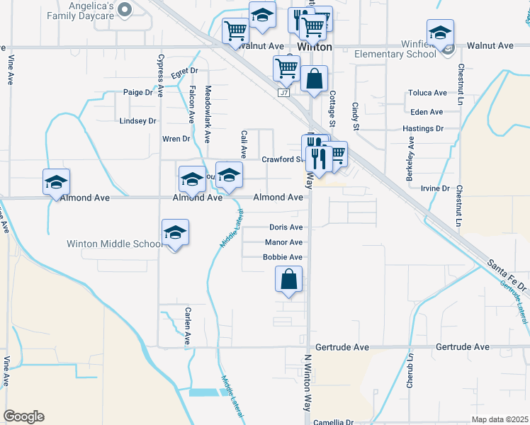 map of restaurants, bars, coffee shops, grocery stores, and more near 7150 Golden Rule Avenue in Winton