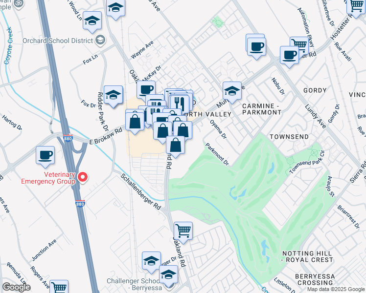 map of restaurants, bars, coffee shops, grocery stores, and more near 1620 Oakland Rd in San Jose